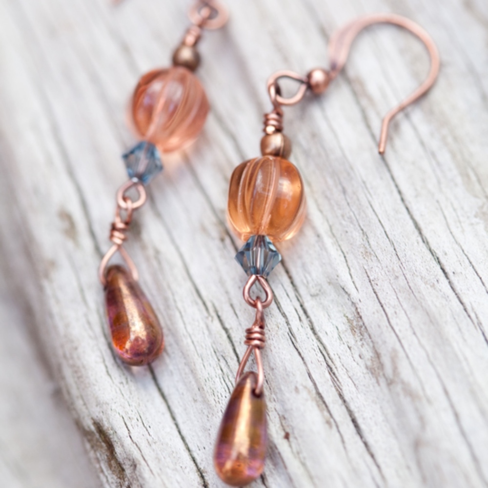 Copper Peach Dangle Glass Earrings